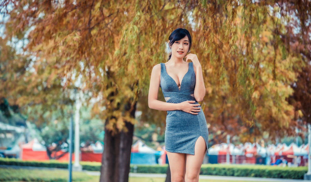 Девушка в сером коротком платье в осеннем парке