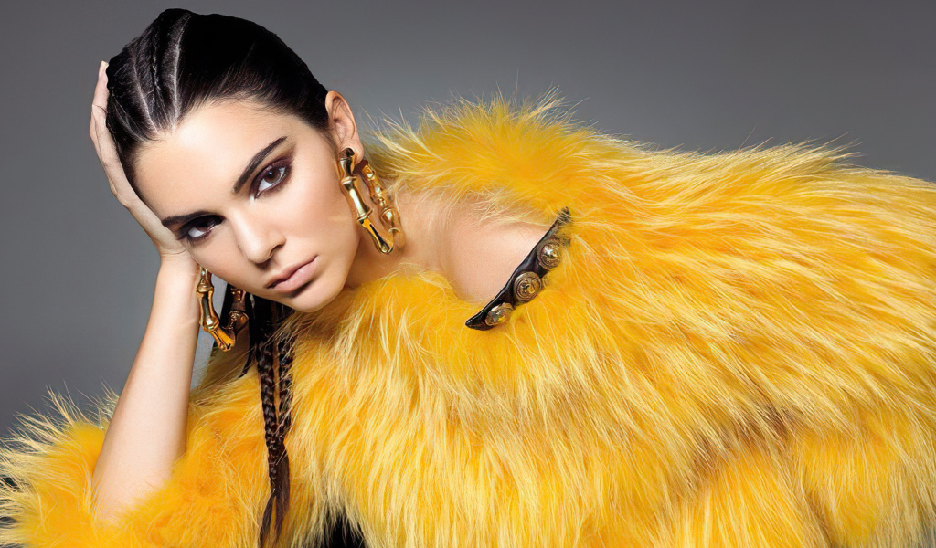 Красивая модель Кендалл Дженнер в желтой шубе