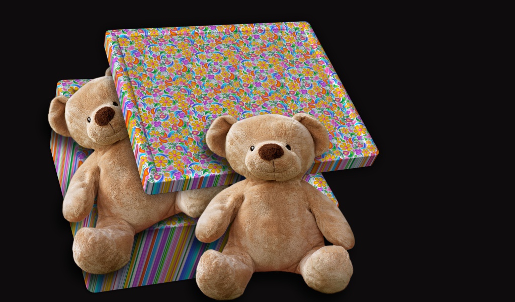 Подарок с плюшевыми медведями на черном фоне