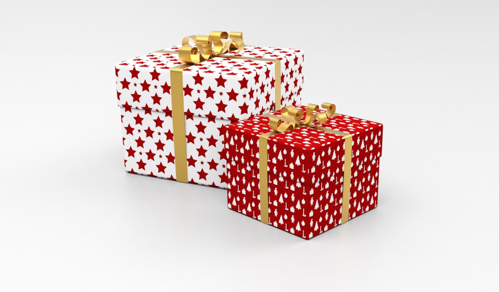 Две яркие коробки с подарками на сером фоне