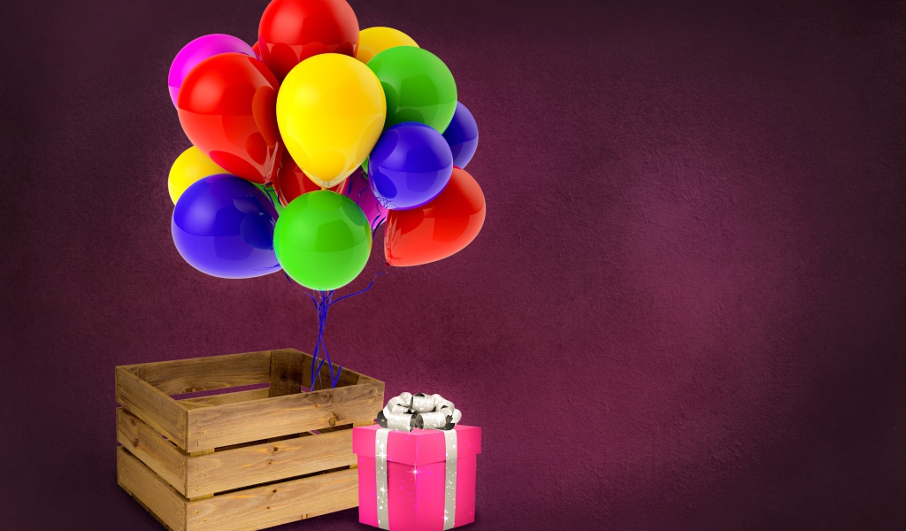 Деревянный ящик с подарком и шариками 