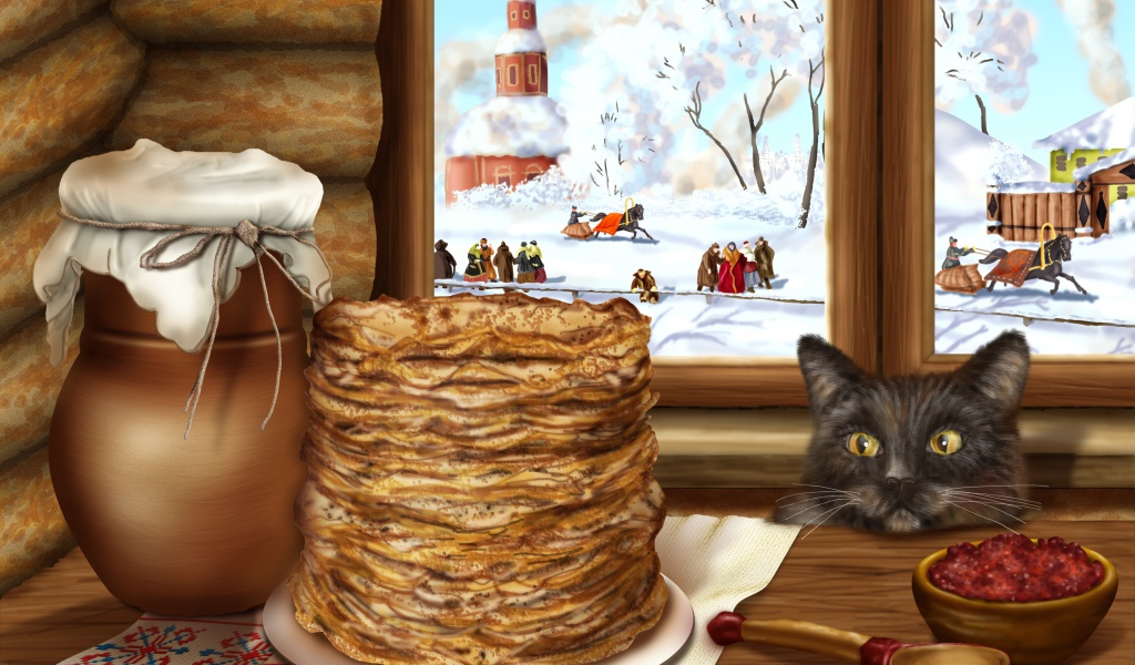 Кот сидит у стола с блинами на Масленицу
