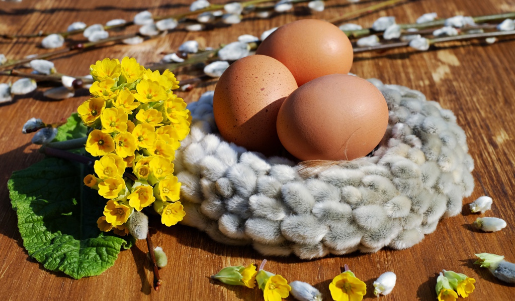 Три яйца с желтыми цветами и вербой