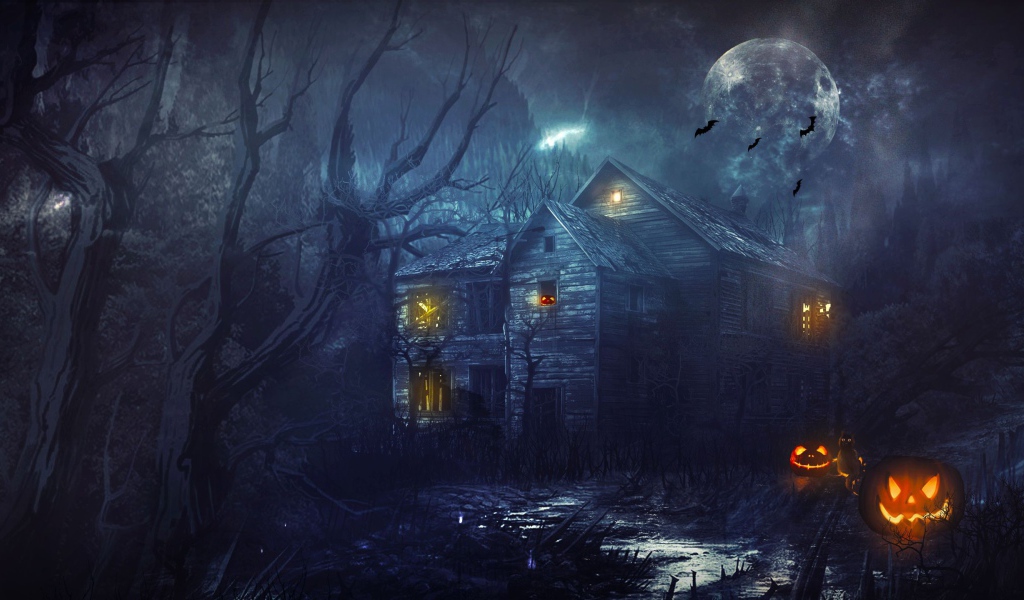 Старый деревянный дом с тыквами на Хэллоуин 