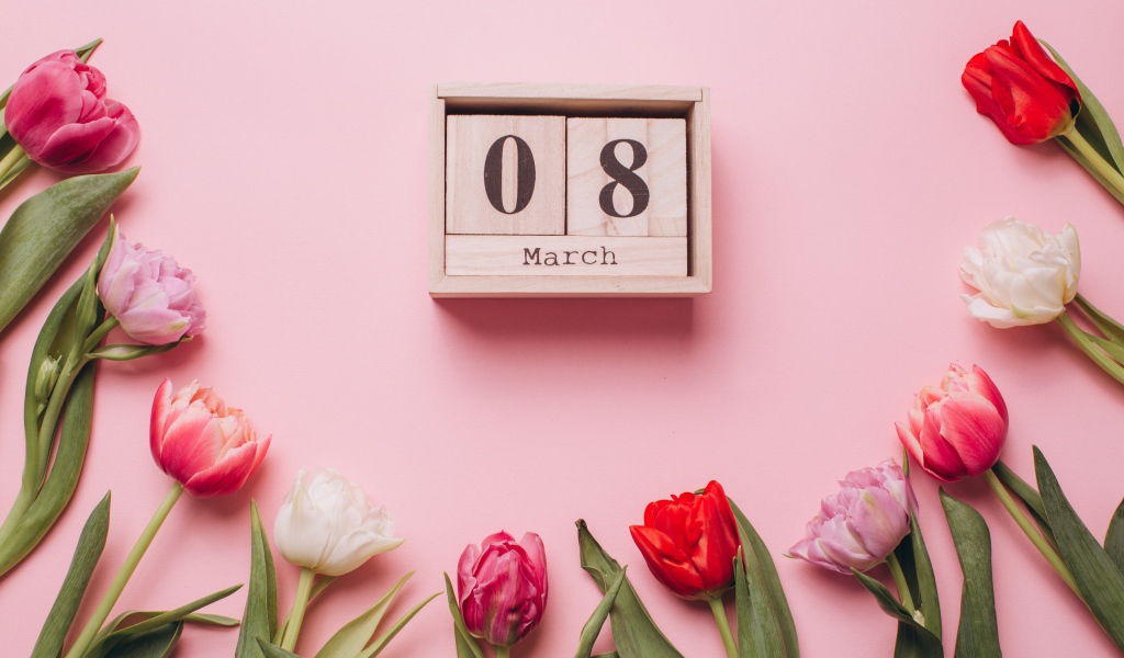 Тюльпаны с кубиками на розовом фоне на 8 марта