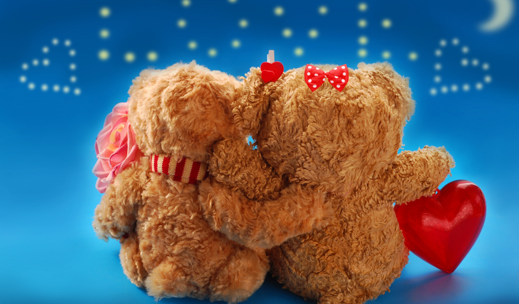Два влюбленных медведя на голубом фоне на День влюбленных