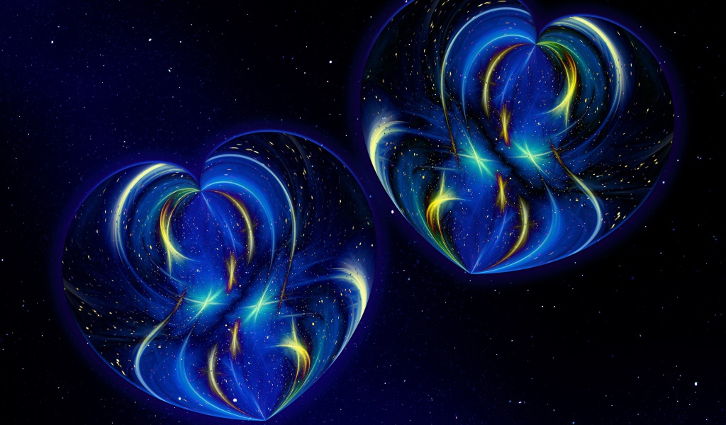 Два красивых неоновых сердца на синем фоне