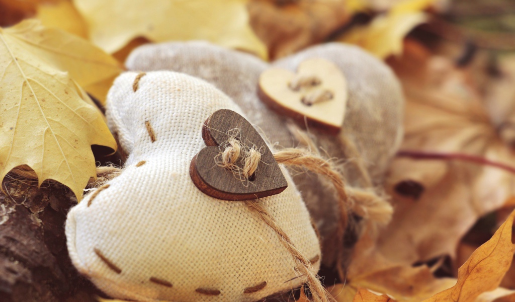 Два сердца из ткани лежит на земле с листьями 