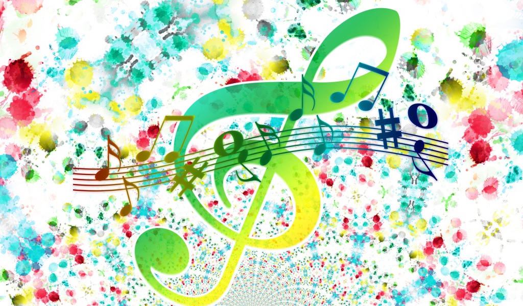 Разноцветный нотный ряд на белом фоне с пятнами 