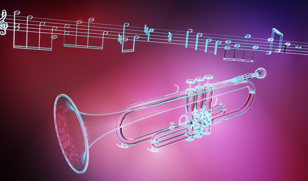 Труба и ноты на розовом фоне