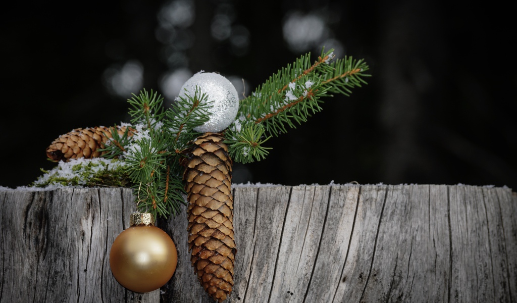 Зеленая ветка ели с шишкой и шариком на пне 