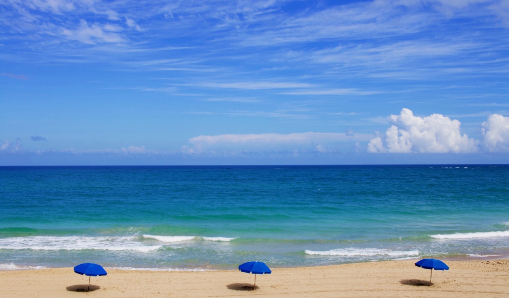 Зонтики на пляже у океана под голубым небом летом