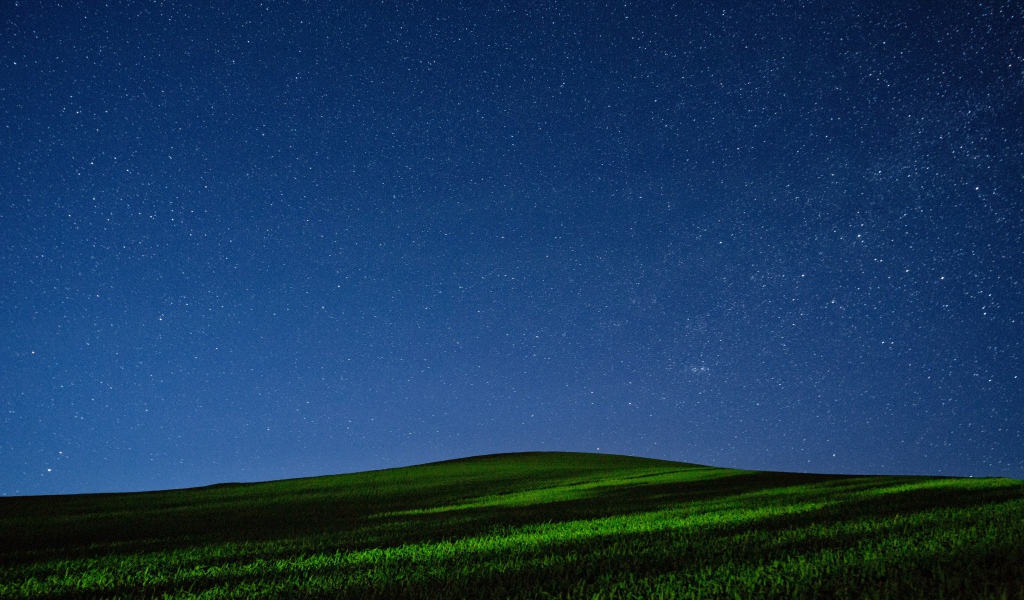 Красивое звездное ночное небо над зеленым полем