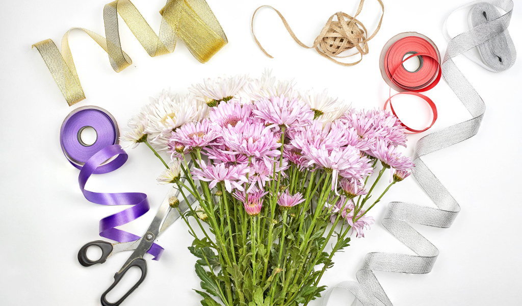 Букет розовых цветов хризантемы с ленточками на белом фоне