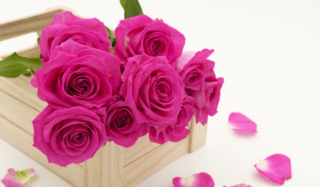 Букет розовых роз в деревянном ящике