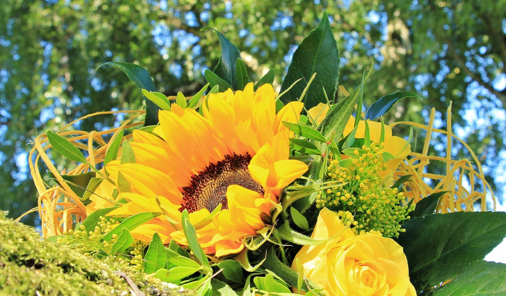 Букет цветов подсолнуха и желтой розы