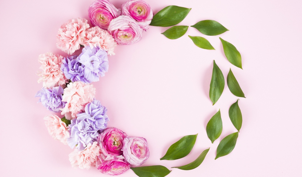 Гвоздики с лютиками и зелеными листьями на розовом фоне