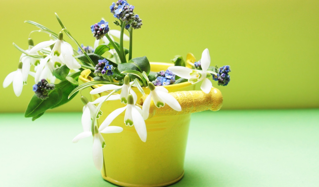 Маленькое желтое ведерко с весенними цветами