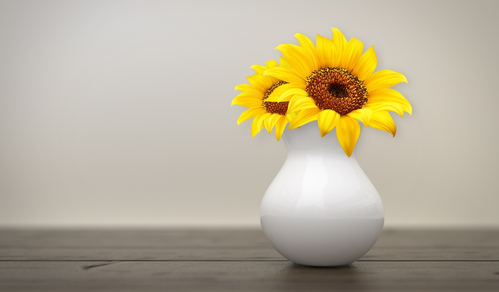 Two sunflower flowers in a white vase on a wall background