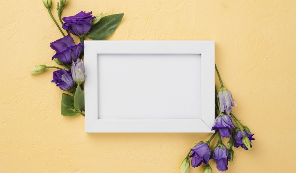 White frame with purple eustoma flowers
