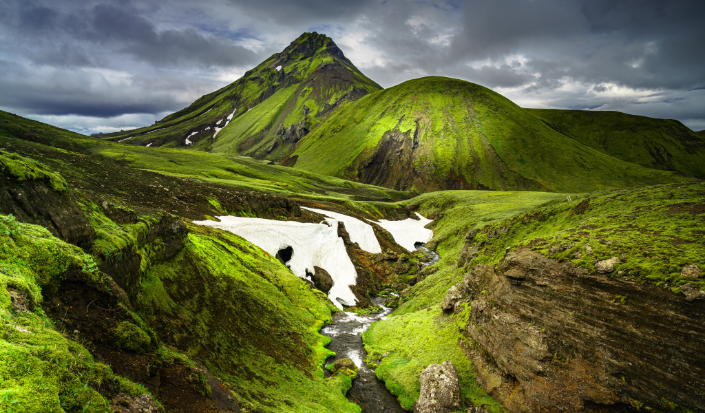 Покрытые зеленью горы в Исландии