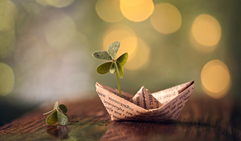 Бумажный кораблик с зеленым листом клевера