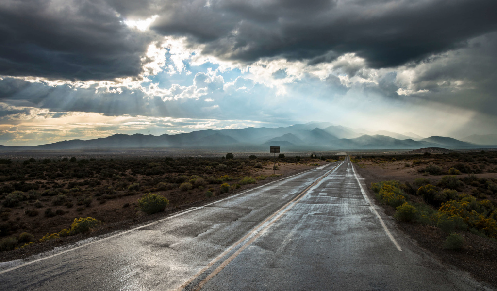Мокрая дорога в лучах солнца под пасмурным небом 