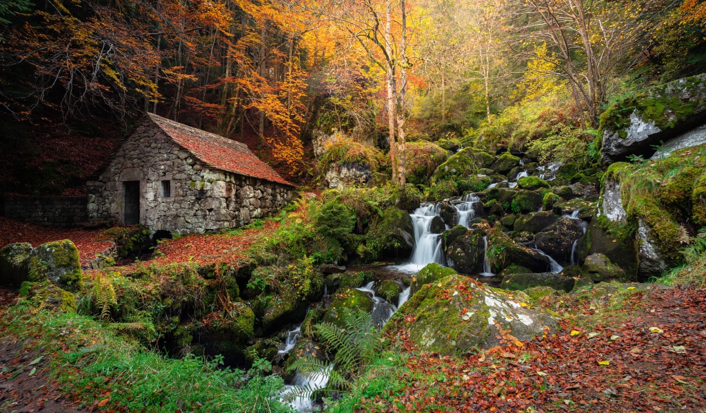 Старый каменный дом в осеннем парке с водопадом