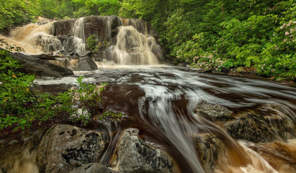 Быстрая холодная вода водопада стекает по большим камням