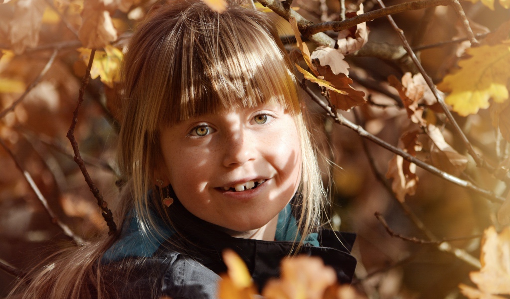 Маленькая девочка в ветках дерева осенью 