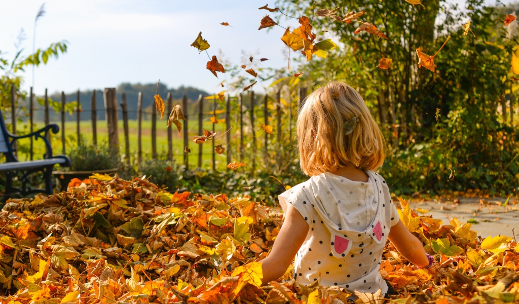 Маленькая девочка сидит в сухой листве