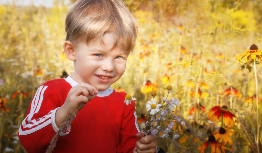 Улыбающийся голубоглазый мальчик с полевыми цветами 