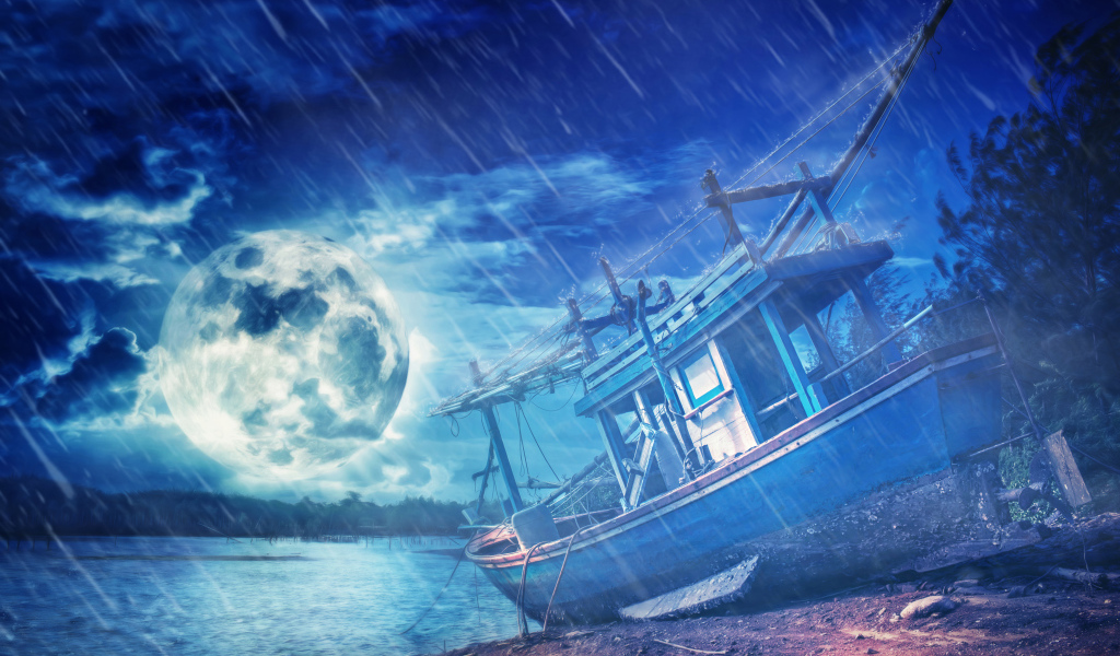 Old boat on the shore in the light of the moon in the rain