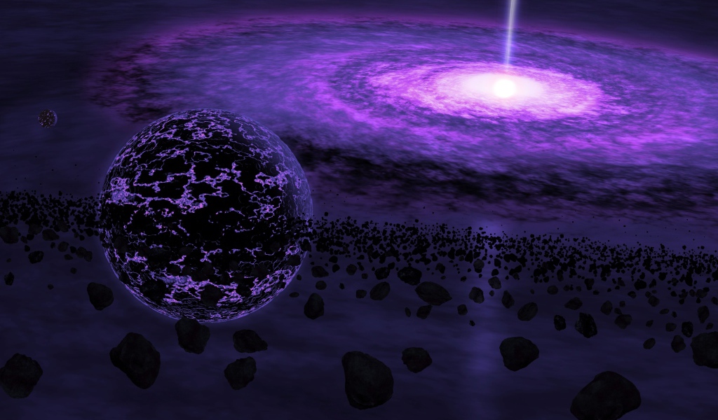 Черная дыра и планета с метеоритами в космосе 