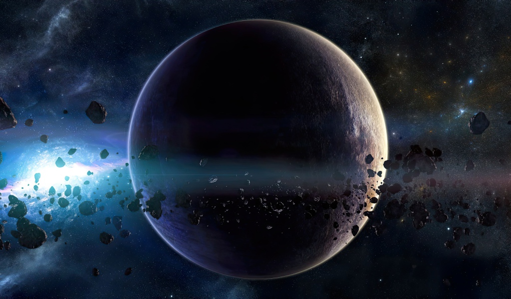 Большая планета с астероидами в космосе
