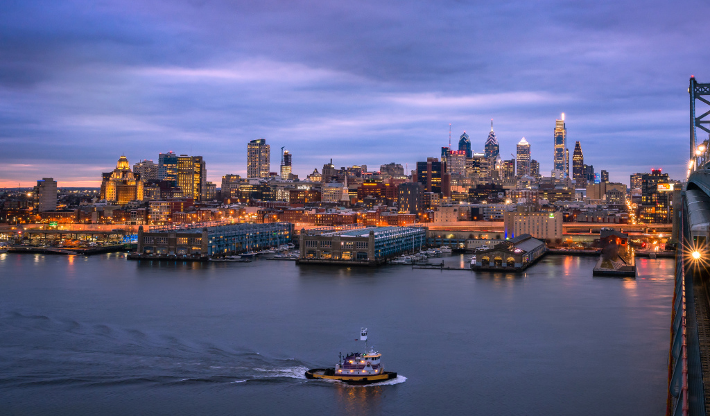 Красивый вид на ночной город Филадельфия, США