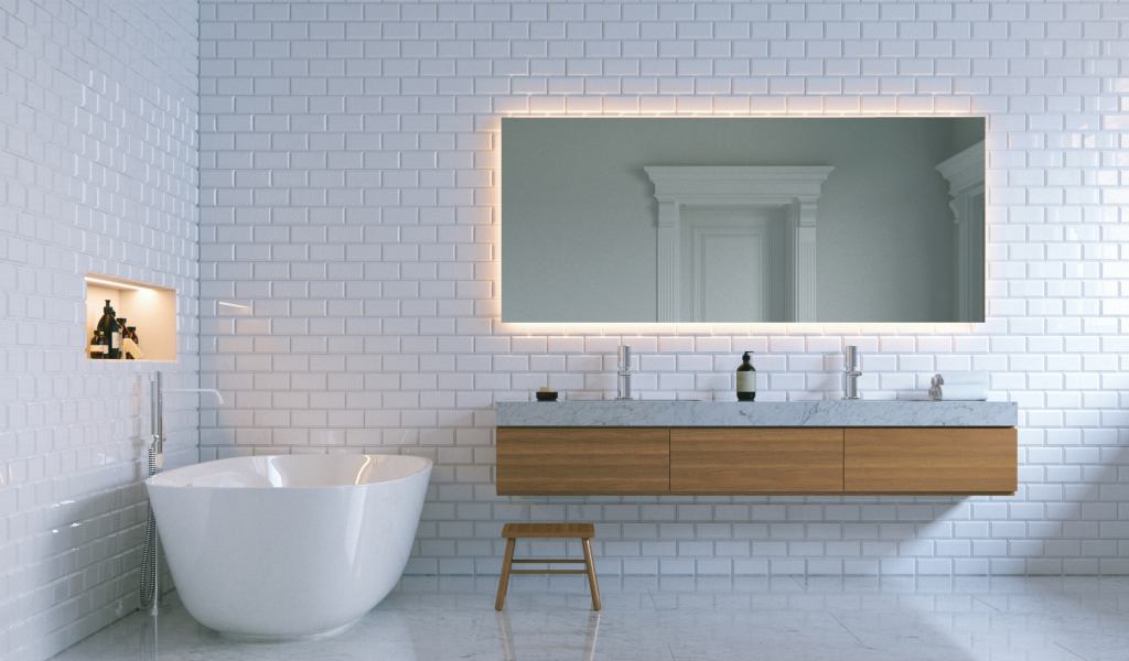 Ванная комната с белыми кирпичными стенами