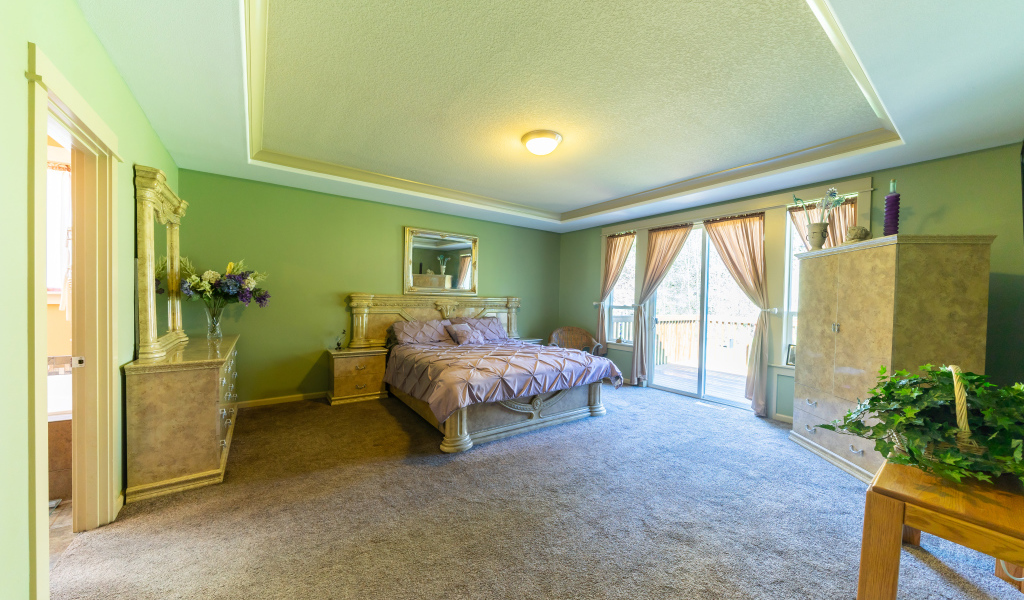 Красивая большая спальня с зелеными стенами 