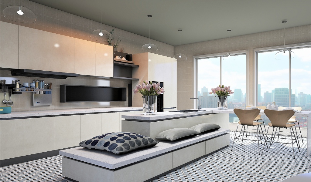 Красивая просторная кухня в сером цвете 