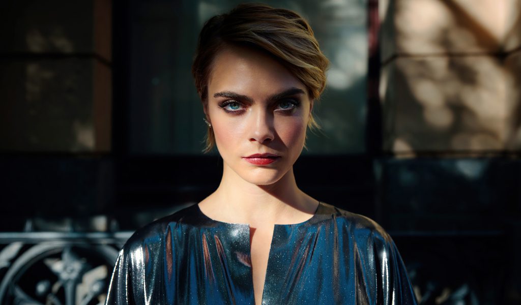 Яркая голубоглазая девушка Кара Делевинь в платье