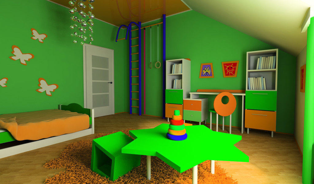 Детская комната с зелеными стенами и мебелью 