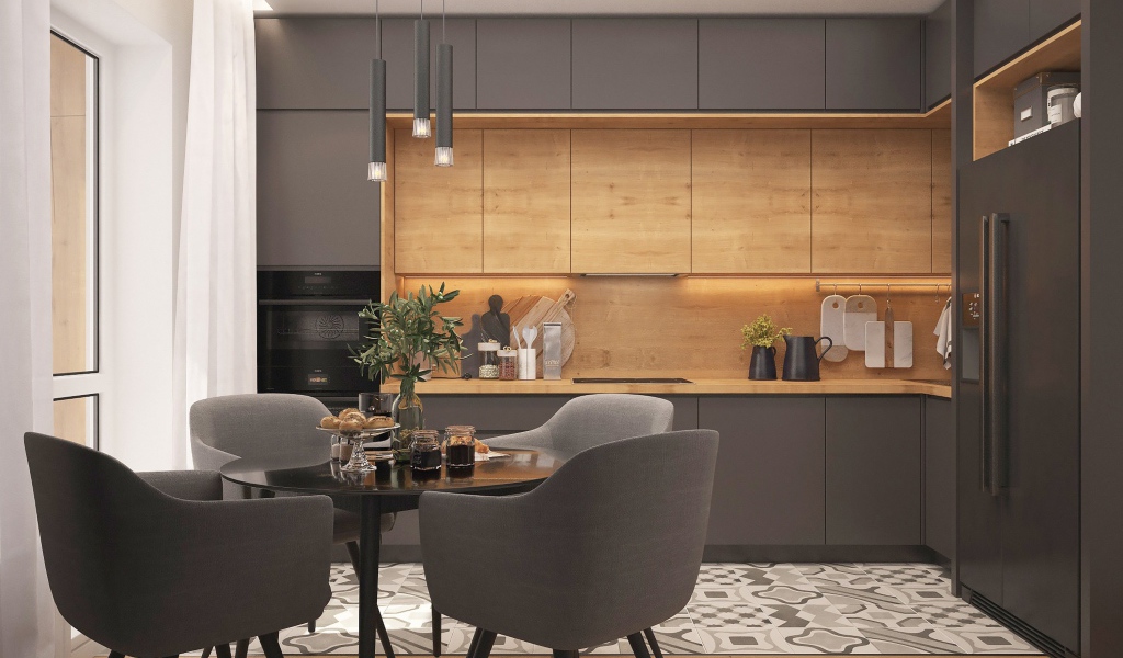 Серая кухня с деревянными вставками 