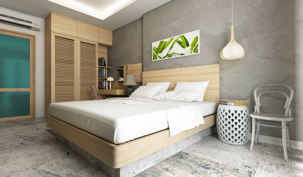 Серые стены с картиной в спальной комнате