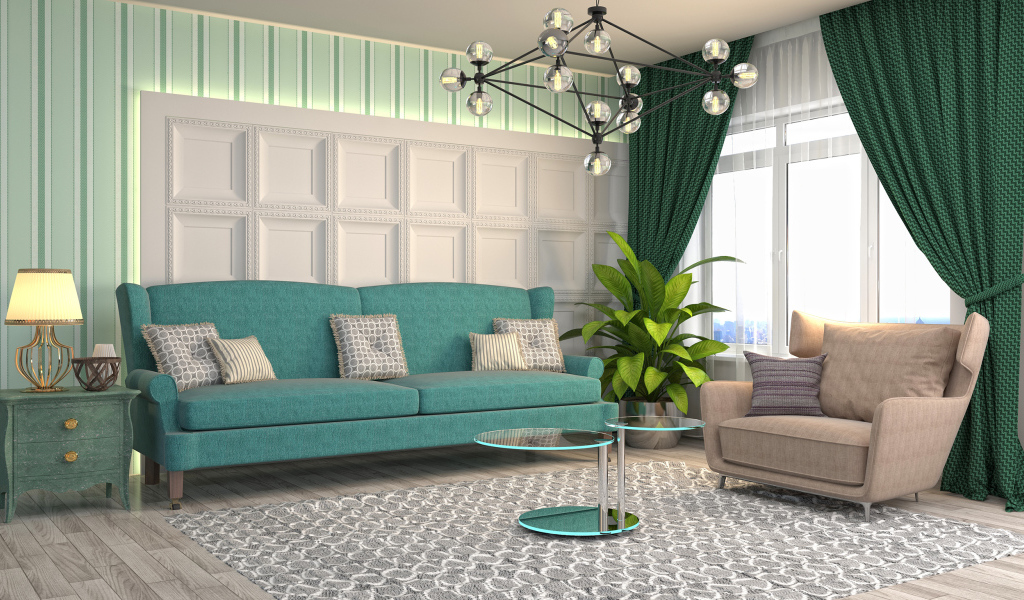 Большой голубой диван в гостиной с балконом