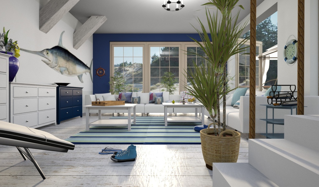 Большая просторная гостиная в бело-голубом стиле