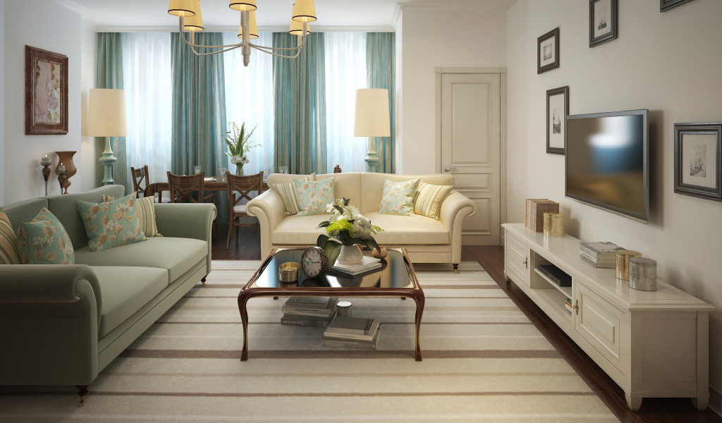 Гостиная комната с голубыми шторами на окне