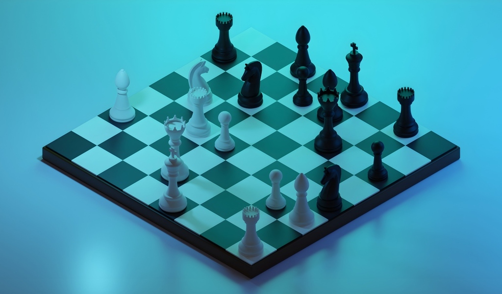 Шахматы 3д на доске на голубом фоне