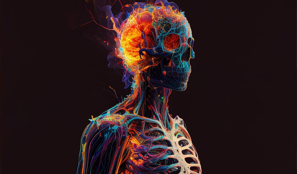 Огненный скелет мужчины на черном фоне