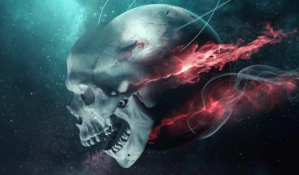 Летящий череп с огненной планетой