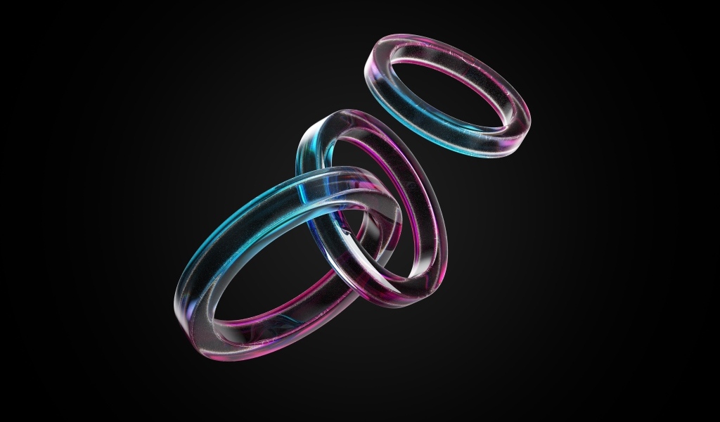 Стеклянные 3д кольца на черном фоне